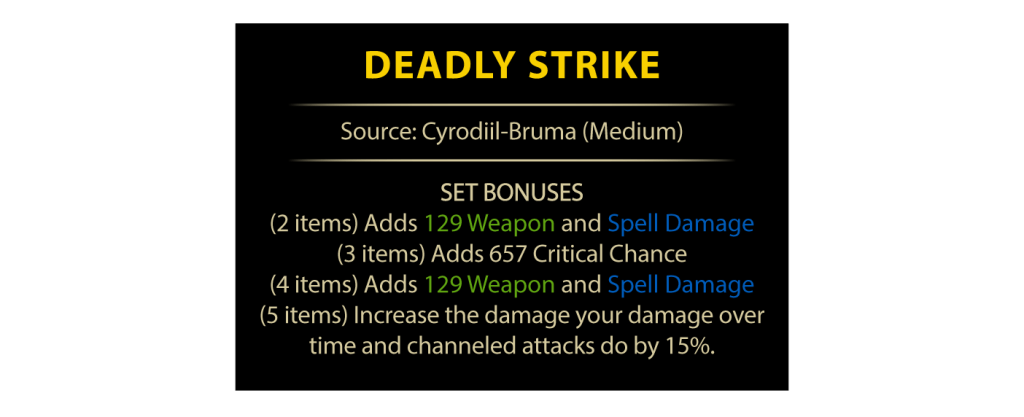 Infographic detailing the Deadly Strike set in ESO, including its source from Cyrodiil-Bruma and the various set bonuses for different item counts.