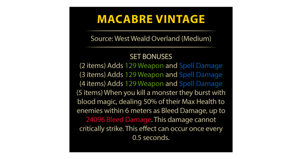 Image displaying the set bonuses for the "Macabre Vintage" armor set in ESO, detailing its source as West Weald Overland and listing bonuses for 2, 3, 4, and 5 items.