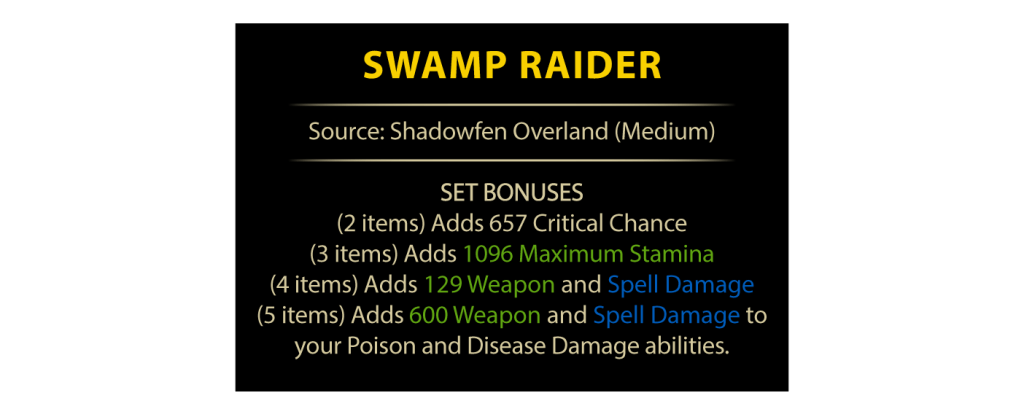 Infographic detailing the Swamp Raider set bonuses from Shadowfen in ESO, highlighting its benefits for stamina builds.