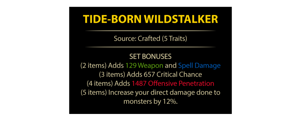 Graphic displaying the Tide-Born Wildstalker set bonuses in ESO, including details on item sources and specific bonuses for each tier.