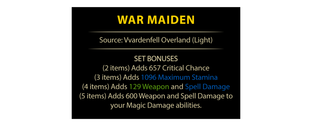 War Maiden set bonuses description including critical chance, stamina, weapon, and spell damage benefits.