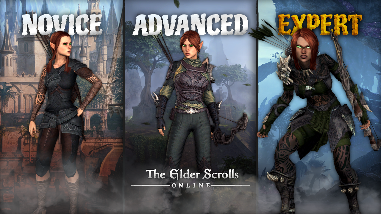 Characters from The Elder Scrolls Online showcasing new player gear and endgame gear